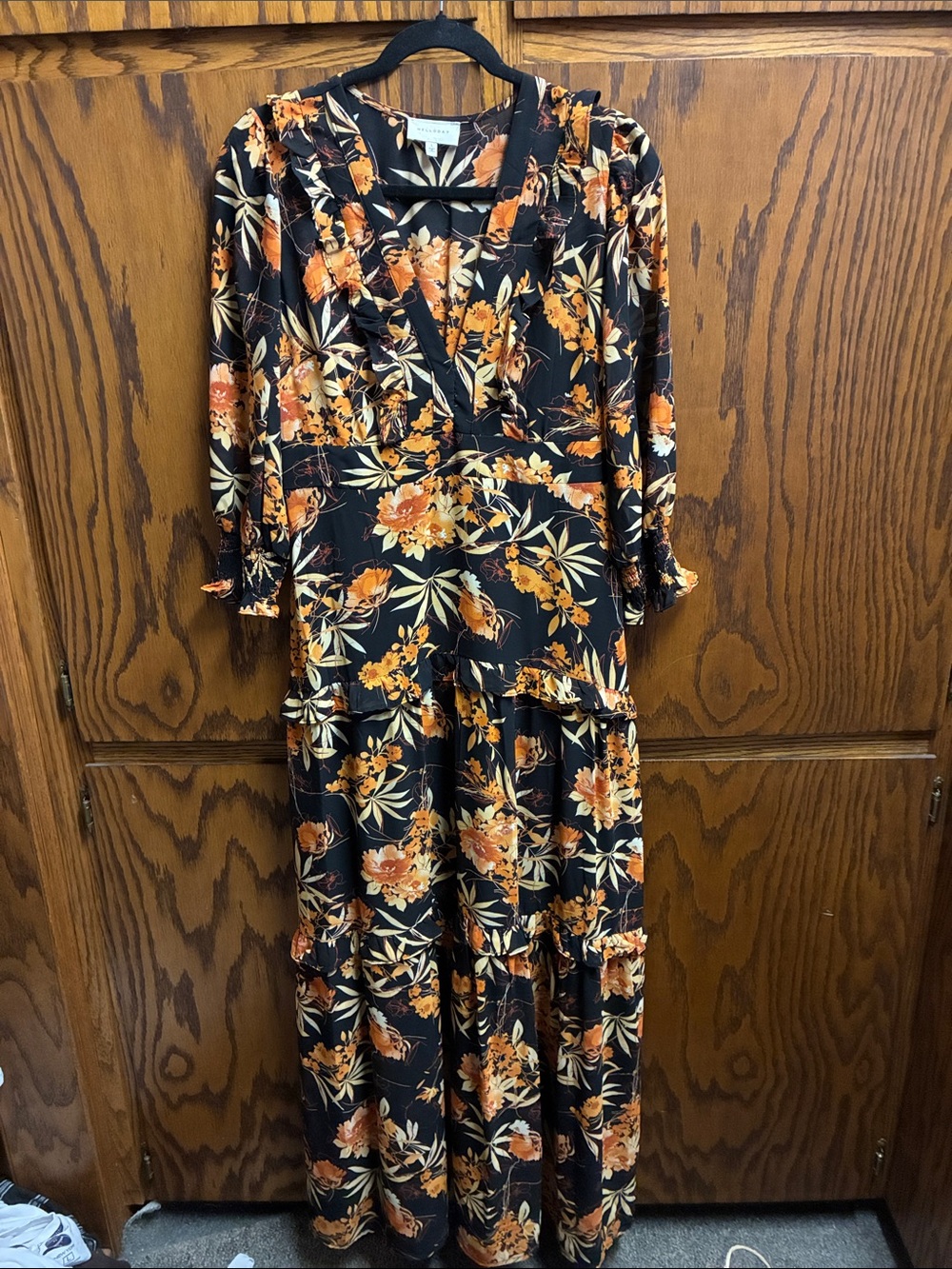 MELLODAY Black Maxi Dress with Orange & Cream Floral Print